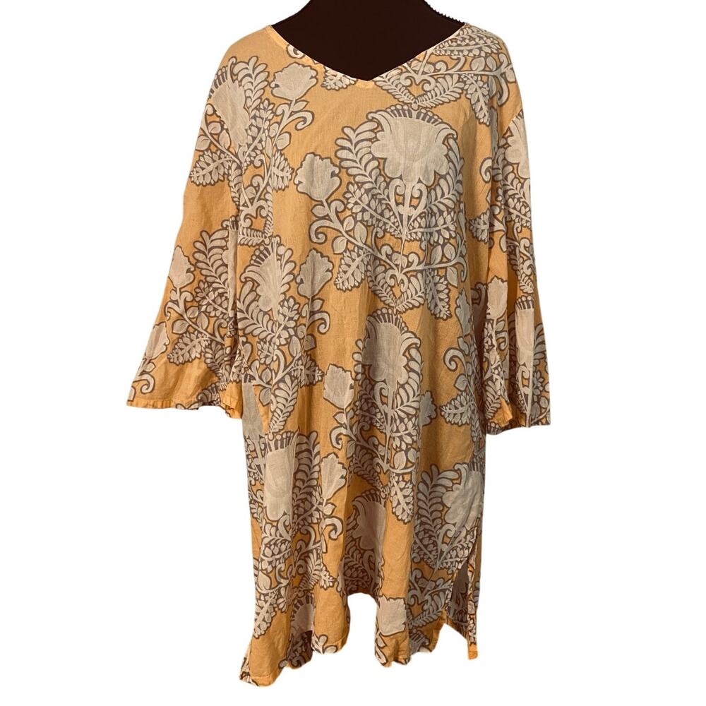 World Market Cotton Tunic Top‎ Mustard Yellow Boho Floral L/XL Resort Wear Artsy